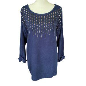 Roz & Ali navy blue pullover 3/4 sleeve stretchy embellished sweater size large